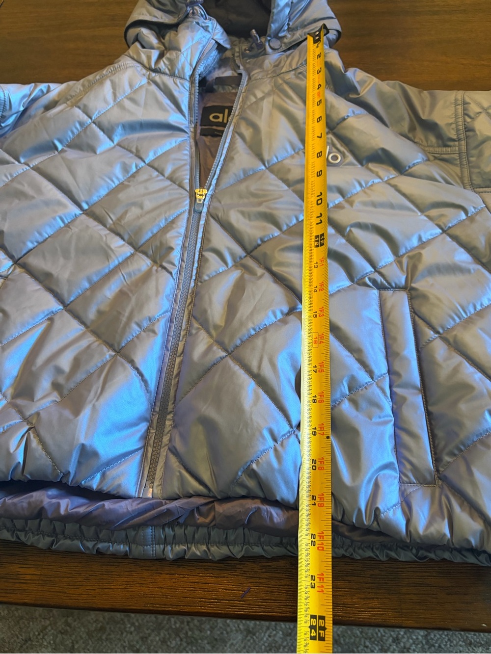 Alo Yoga Pearlized Pristine Stormy Puffer Jacket Blue Size L Cropped Hooded - Picture 8 of 8